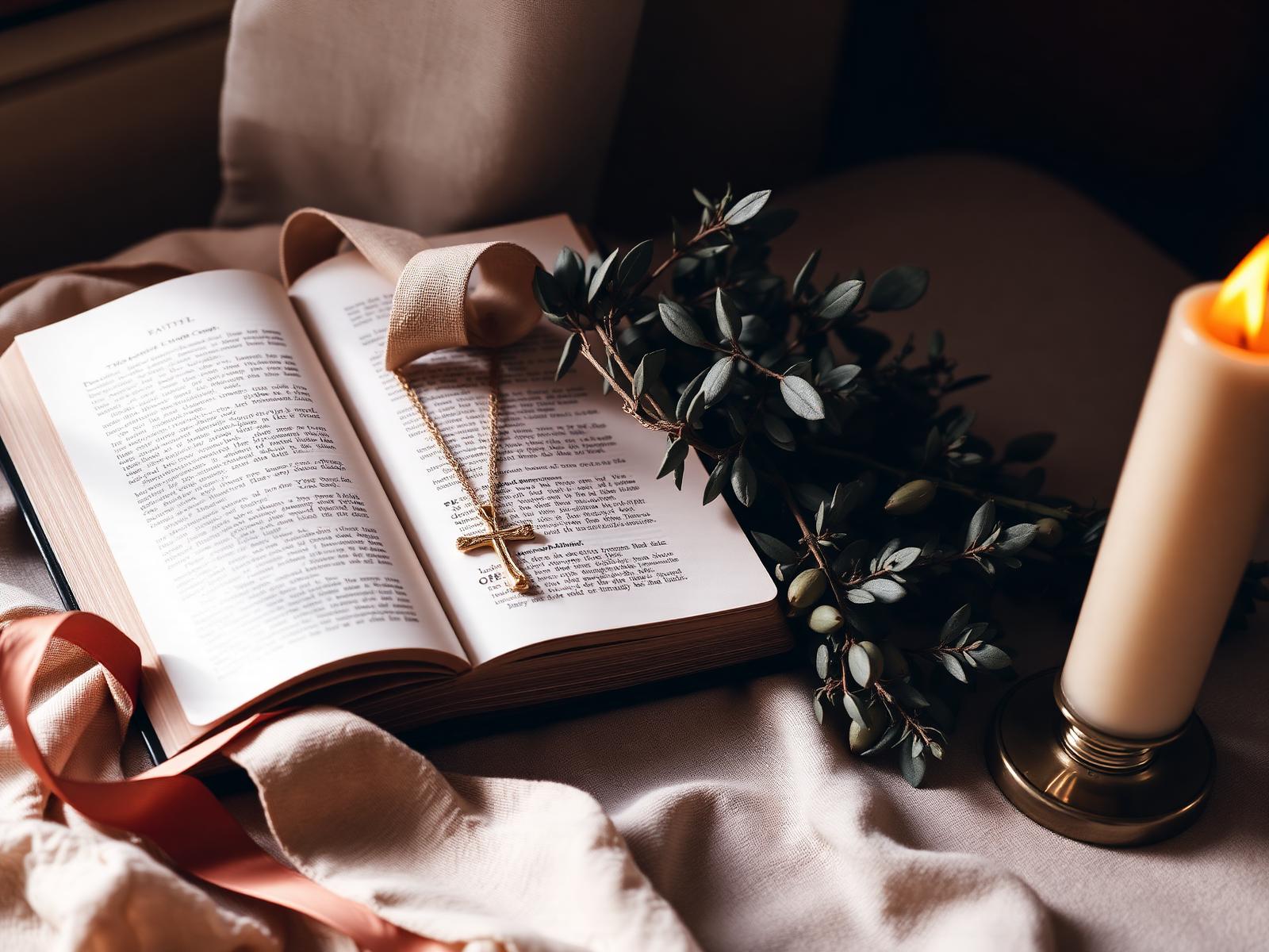 Open Bible with gold cross pendant, olive branch and candle